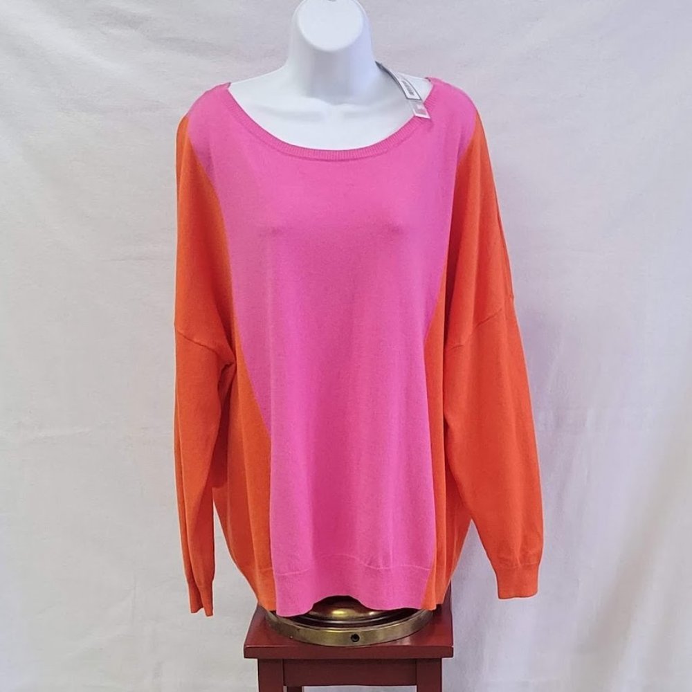 JCP Cashmere Blend Color Block SWEATER Tokyo Pink/Jungle Orange Pullover - NWT